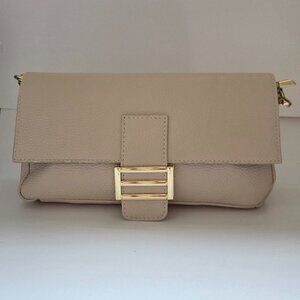 DIVINA FIRENZE Made In Italy Leather Baguette Flap Over Crossbody - Beige